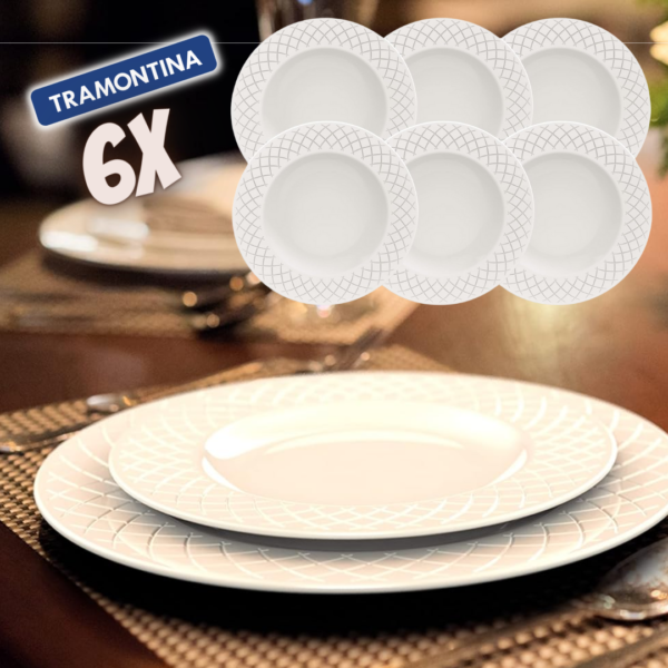 Kit Prato Sobremesa 21 cm 06 Peças ou Raso Tramontina Ingrid em Porcelana Decorada 27 cm 06 Peças