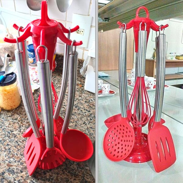 Conjunto de Gadgets de Silicone com Cabo Inox 7 Peças, Euro, SIL3390-VM, Vermelho