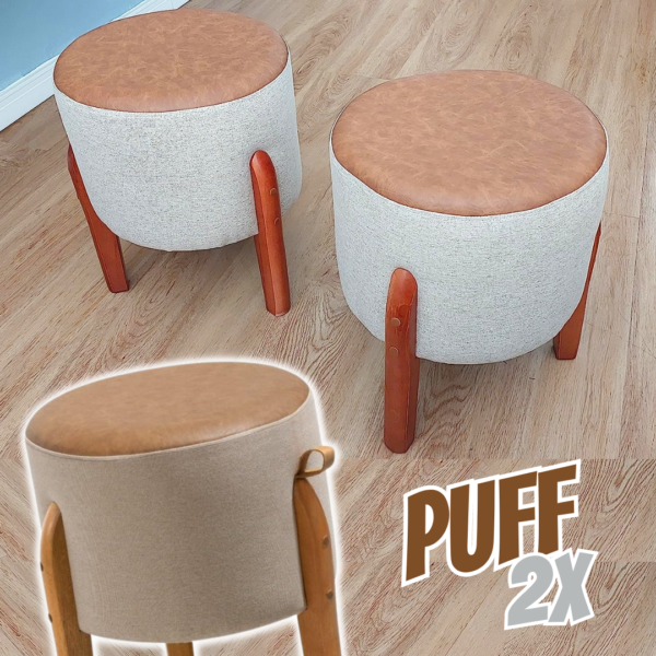 Kit 2 Puff Em Couro E Linho Pés Madeira Maciça 42x32 Luma