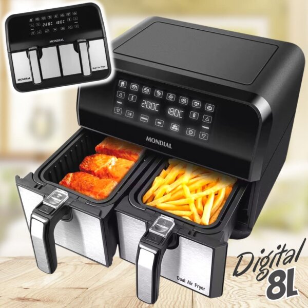 Fritadeira Elétrica sem Óleo/Air Fryer Mondial - Dual Duplo Cesto Preta 8L com Timer AFD-01-BI