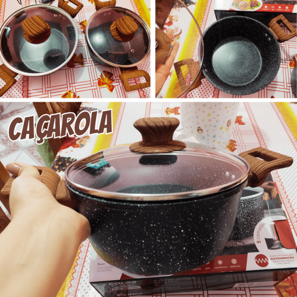 Caçarola 22 ou 24 ColorStone de alumínio com antiaderente e tampa de vidro, wooden, Euro Home