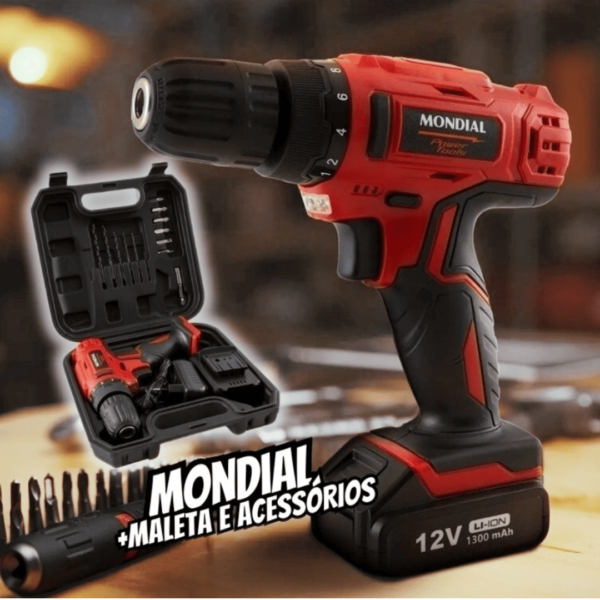 Furadeira e Parafusadeira Mondial a Bateria 12V com Maleta Power Tools FPF-06M