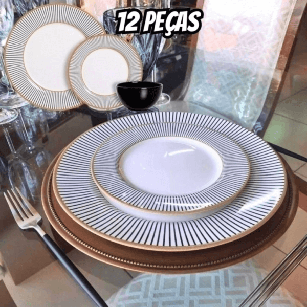 Aparelho de Jantar 12 Peças Alleanza Cerâmica Branco e Preto Redondo Ritz
