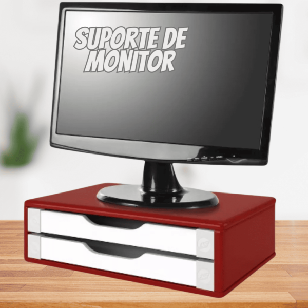 Suporte de Monitor 2 Gavetas, Mdf Vermelho C/Gaveta Branca - Souza e Cia