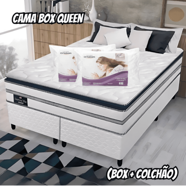 Cama Box Queen (Box + Colchão) Gazin de Mola - Ensacada 59cm de Altura + 2 Travesseiros Ortobom