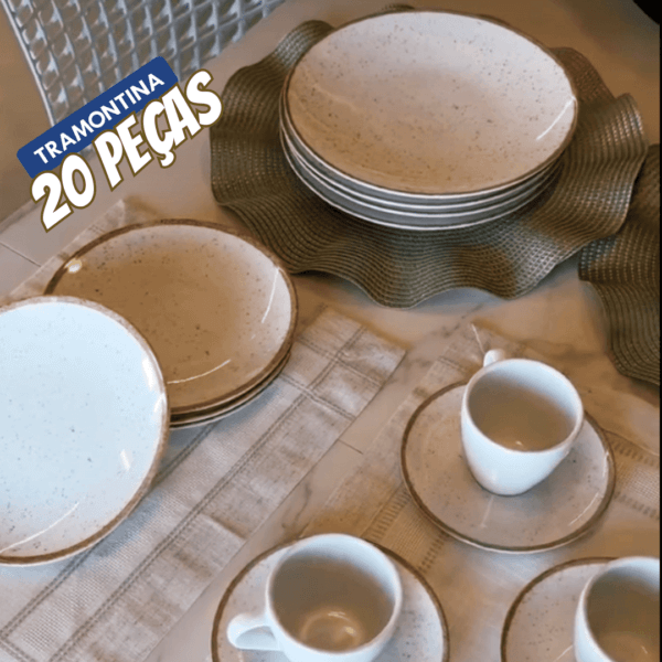 Aparelho de Jantar 20 Peças Tramontina Redondo Porcelana Branco e Marrom Mare