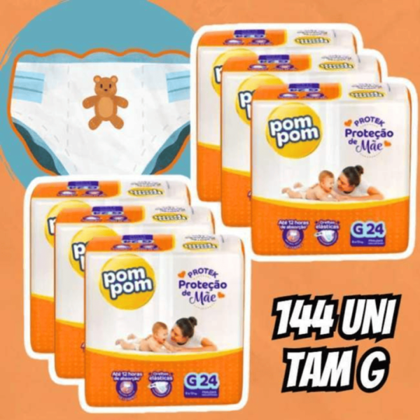 Fralda Pom Pom Protek Proteção de Mãe Jumbo G 144 Unidades ou XXG 108 Unidades