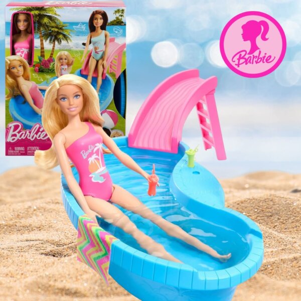 Barbie, Conjunto de Brinquedo com 1 Boneca com Maiô Rosa, 1 Piscina Glam e Acessórios