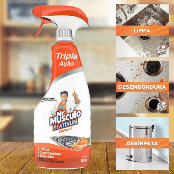 Mr Músculo Platinum Desinfetante Uso Geral Tripla Ação Laranja Frasco Borrifador 500ml