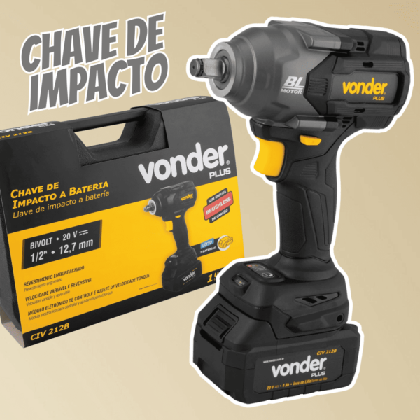 Vonder Plus, Chave de Impacto, Bateria 20 V, Encaixe de 1/2'', Carregador Bivolt, CIV 212B.