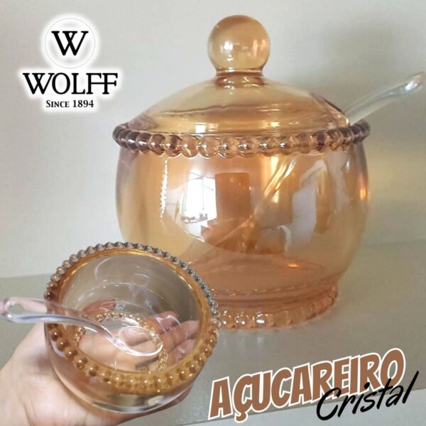WOLFF - Açucareiro de Cristal com Colher Âmbar Metalizado 10cm x 11cm - Linha Pearl