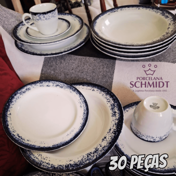Serviço de Jantar e Chá 30 Peças em Porcelana, Decoração Névoa Azul, Porcelana Schmidt