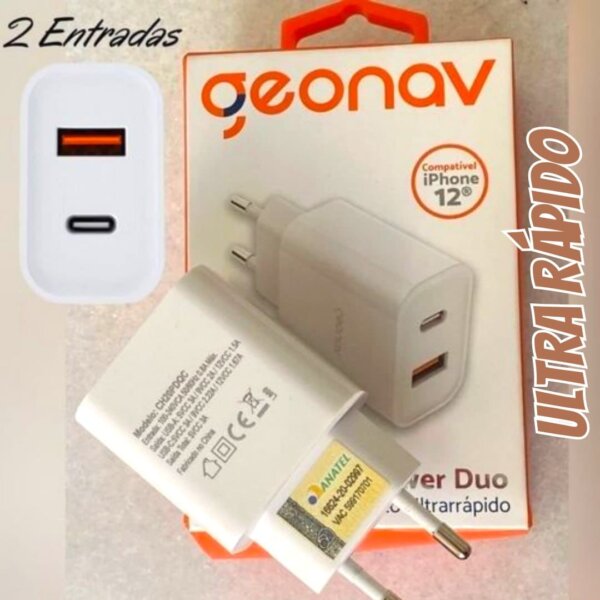 Geonav Carregador Universal Ultra Rápido Duo, 1 X USB-C Power Delivery 20W, 1 X USB Quick Charge 18W