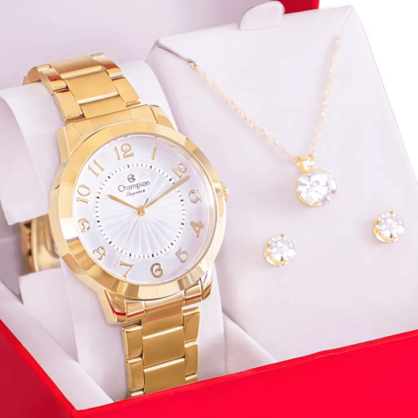 Relógio Feminino Champion CN25118W Fundo Branco + Kit Colar e Brincos