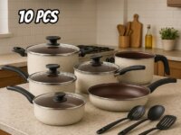 Conjunto De Panelas Antiaderente 10 Peças Teflon Linha Coffee Cappuccino Tampa De Vidro