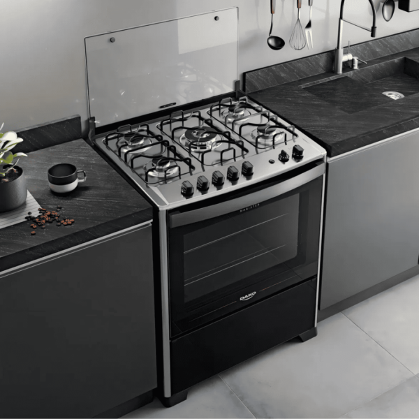 Fogão de Piso 5 Bocas Dako Magister com Grill e Forno de 100 L Preto com Mesa de Inox Bivolt 127/220V