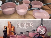 Jogo de Panelas Tramontina Turim em Aluminio com Revestimento Interno e Externo em Antiaderente Starflon Max Rosa 05 Peças