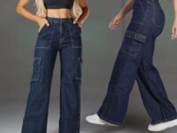 Calça Cargo Jeans Wide Leg 100% Algodão Feminina