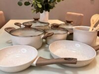 Jogo de panelas de cozinha Mimo Style Cook Fundo de Tripla Indução com 10 peças de alumínio marmol vanila