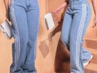 Calça Wide Feminina Listras Laterais Cintura Alta Streetwear