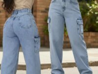 Calça Jeans Feminina Cargo Levanta Bumbum Cintura Alta