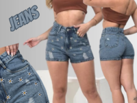 Short Jeans Mom Feminino Boyfriend Bordado Cintura Alta 100%