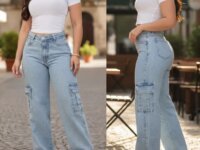 Calça Jeans Feminina Wide Cargo Bolso Lateral 100% Algodão
